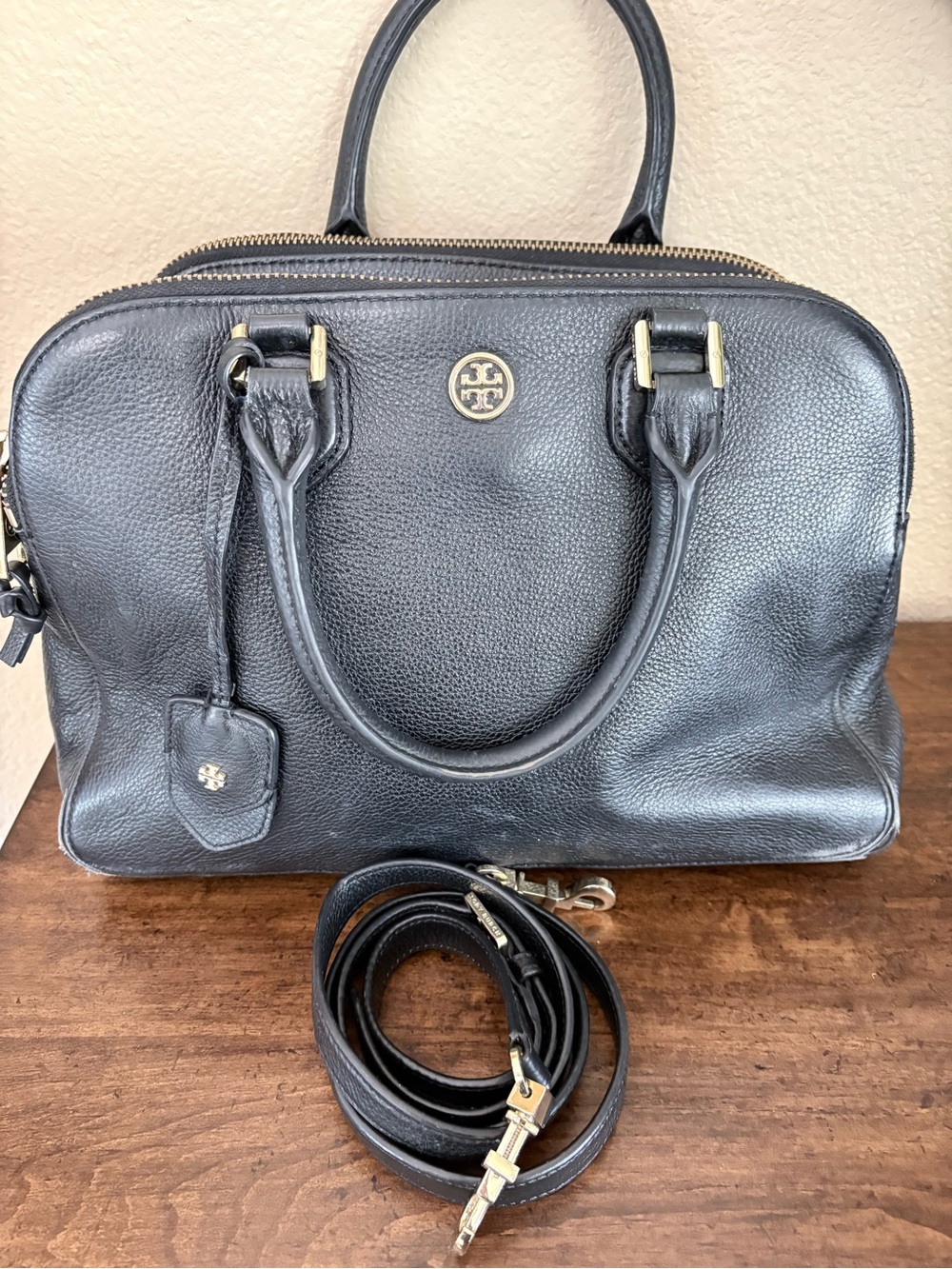 Tory Burch Black Pebbled Leather Satchel with Gold Hardware